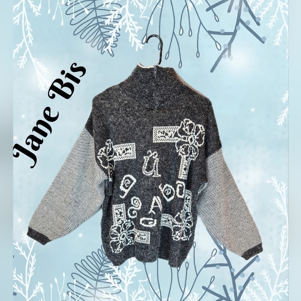 Jane Bis Winter Sweater Sz L Oversized Gray Zip Collar Drop Shoulder Women's